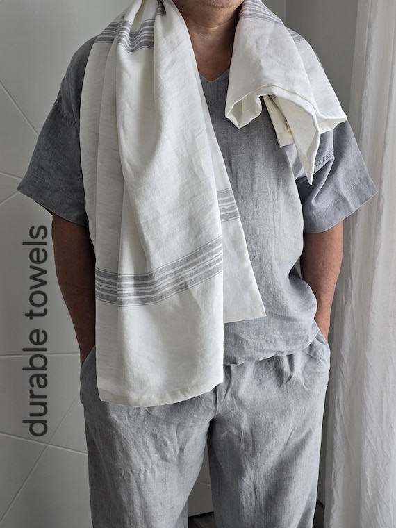 Striped Heavy Linen Bath Towel, Durable breathable, Minimal bathroom
