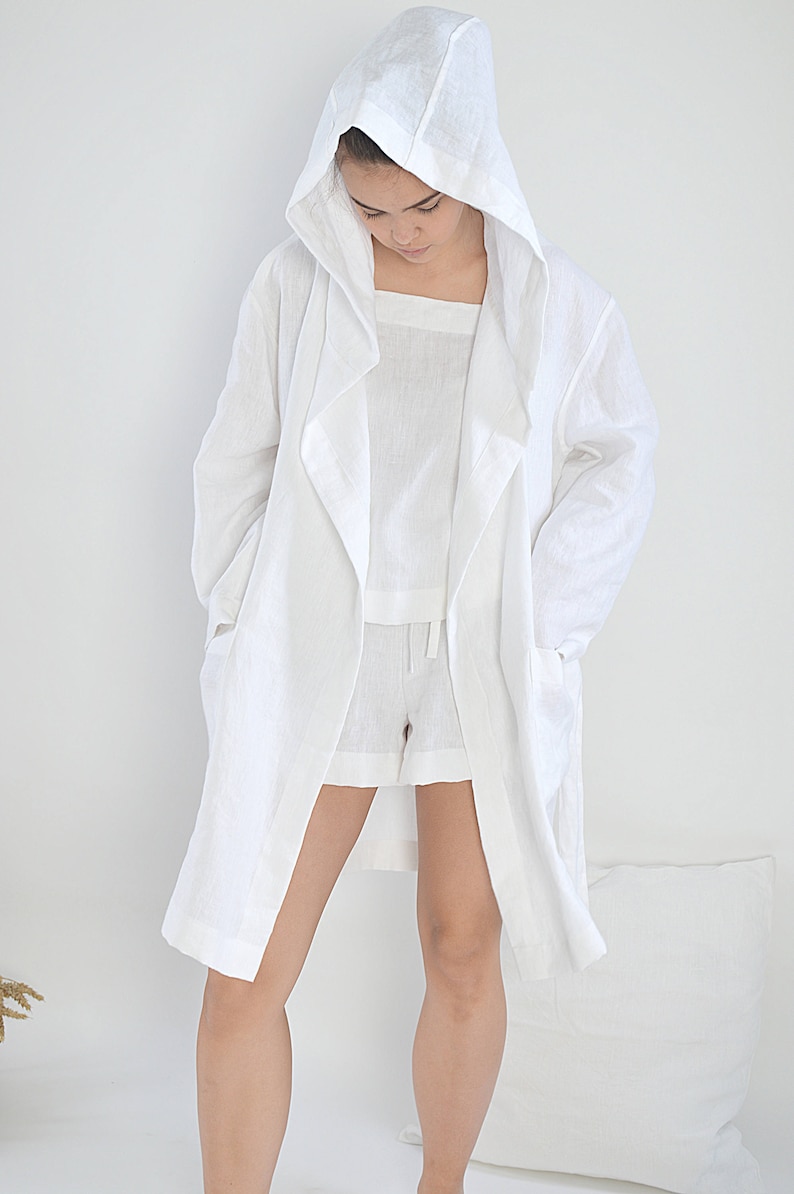 Morning linen robe Woman's linen bathrobe Sizes XS-2XL High-quality softened linen Short robe with hood image 6