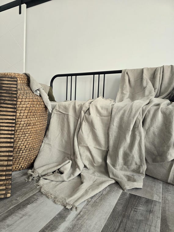 Linen throw blanket Undyed linen Rustic linen bed cover