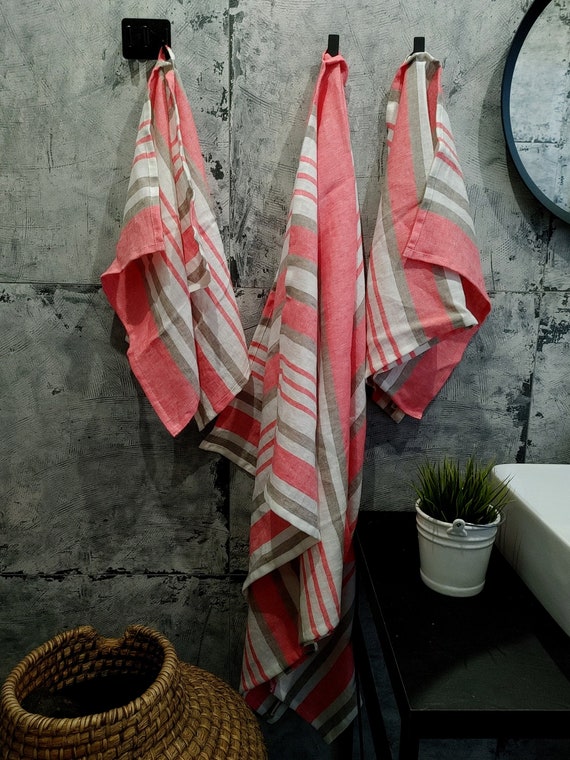 Striped bath towels, linen bath sheet, linen hand towel