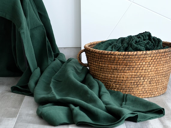 LINEN FLAT SHEET, Dark emerald sheet, Soft linen bedding, Linen top flat sheet Queen King size