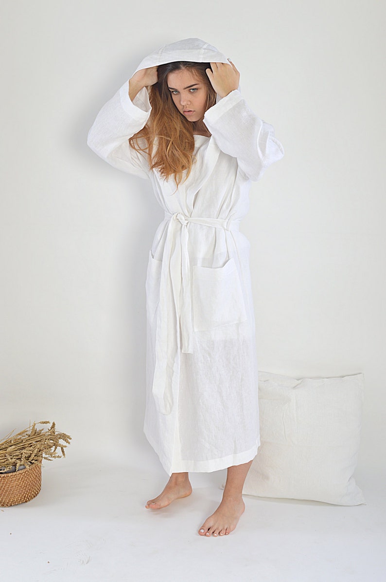 Linen bathrobe / Long robe with hood / Long linen gown / White linen bathrobe / Linen loungewear / Baltic quality linen image 5