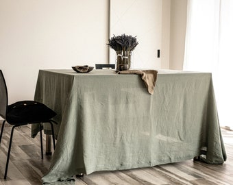 Large linen tablecloth, OLIVE wide tablecloth with mitered corners, Soft table linens