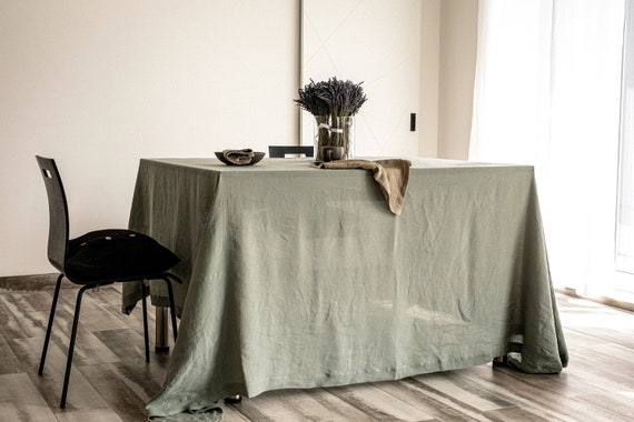 Large linen tablecloth, OLIVE wide tablecloth with mitered corners, Soft table linens