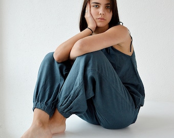 Linen loose pants, ocean wave linen trousers , soft linen trousers with pocket