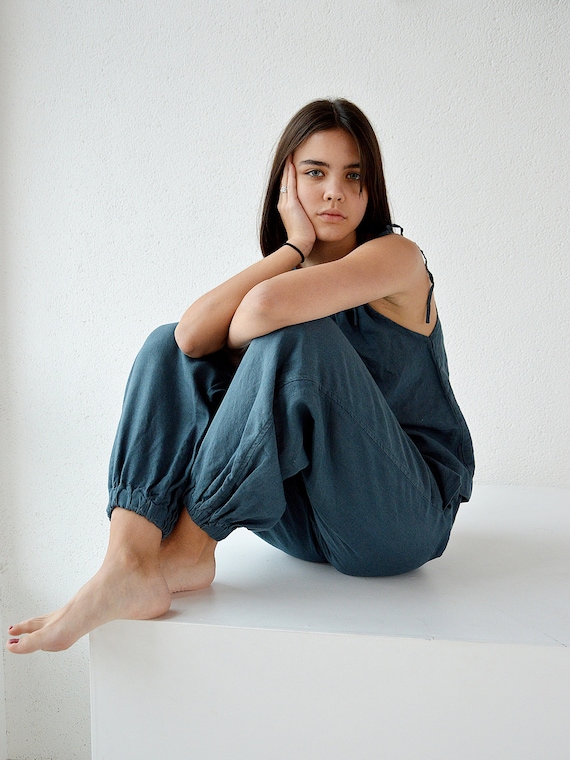 Linen loose pants, ocean wave linen trousers , soft linen trousers with pocket