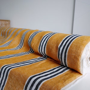 Striped wide linen fabric, Thick rustic linen fabric, 290 GSM linen fabric