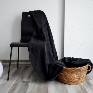 LINEN flat sheet, Stonewashed seamless linen upper sheets, DEEP black Queen King top sheet