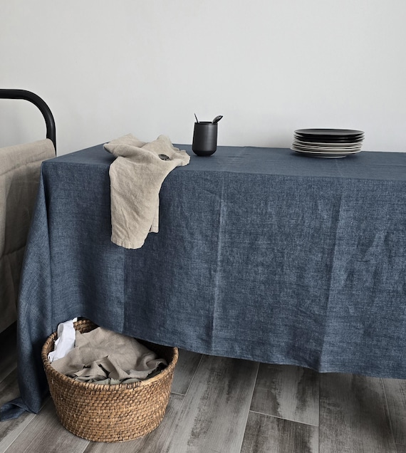 READY TO SHIP, Linen tablecloth in Denim blue melange 140cm x 230cm/ 55" x 90"