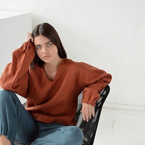 Linen blouse / Terracotta blouse / Linen V-neck top / Oversize long sleeve blouse / Washed linen blouse / Soft linen casual top