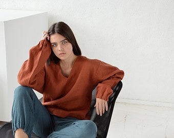 Linen blouse / Terracotta blouse / Linen V-neck top / Oversize long sleeve blouse / Washed linen blouse / Soft linen casual top