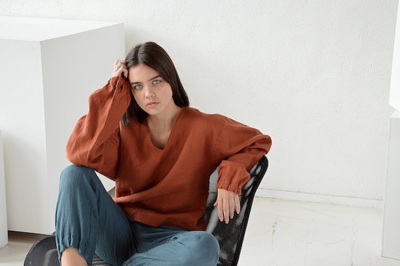 Linen blouse / Terracotta blouse / Linen V-neck top / Oversize long sleeve blouse / Washed linen blouse / Soft linen casual top