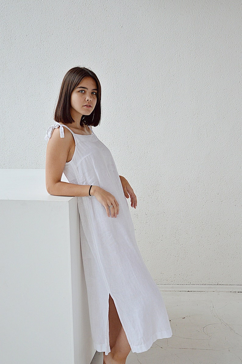 Linen night dress /Handmade sleepwear / Soft linen sleep dress / Dress with regulating straps / Long white dress Soft loungewear image 4