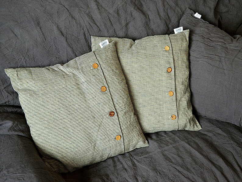 Striped linen pillow cover Striped pillowcase with coconut buttons Cushion cover Striped linen pillow cover image 3