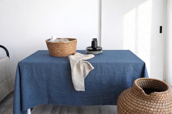 Denim Blue Linen Tablecloth, Soft Custom size