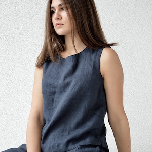 Linen tank top, Sleeveless linen top, midnight blue linen top, Tank casual linen top, Lithuanian linen