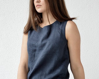 Linen tank top, Sleeveless linen top, midnight blue linen top, Tank casual linen top, Lithuanian linen