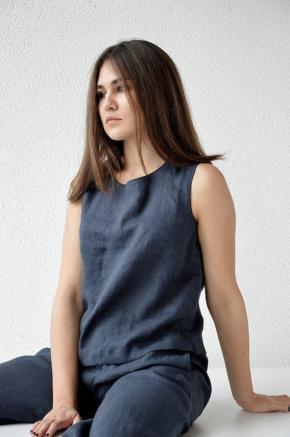 Linen tank top, Sleeveless linen top, midnight blue linen top, Tank casual linen top, Lithuanian linen