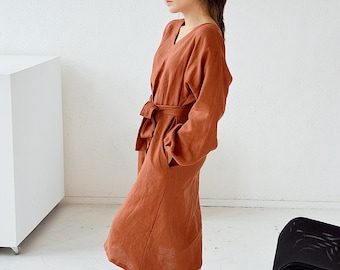 READY TO SHIP - S size - Terracotta linen midi linen dress - Long sleeved dress - V-neck dress with pockets