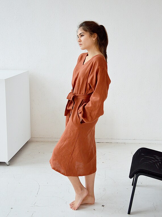 READY TO SHIP - S size - Terracotta linen midi linen dress - Long sleeved dress - V-neck dress with pockets