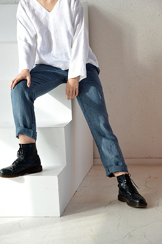 Denim linen pants / Linen pants with pockets / Long linen pants / Soft linen casual pants /  Washed woman linen pants