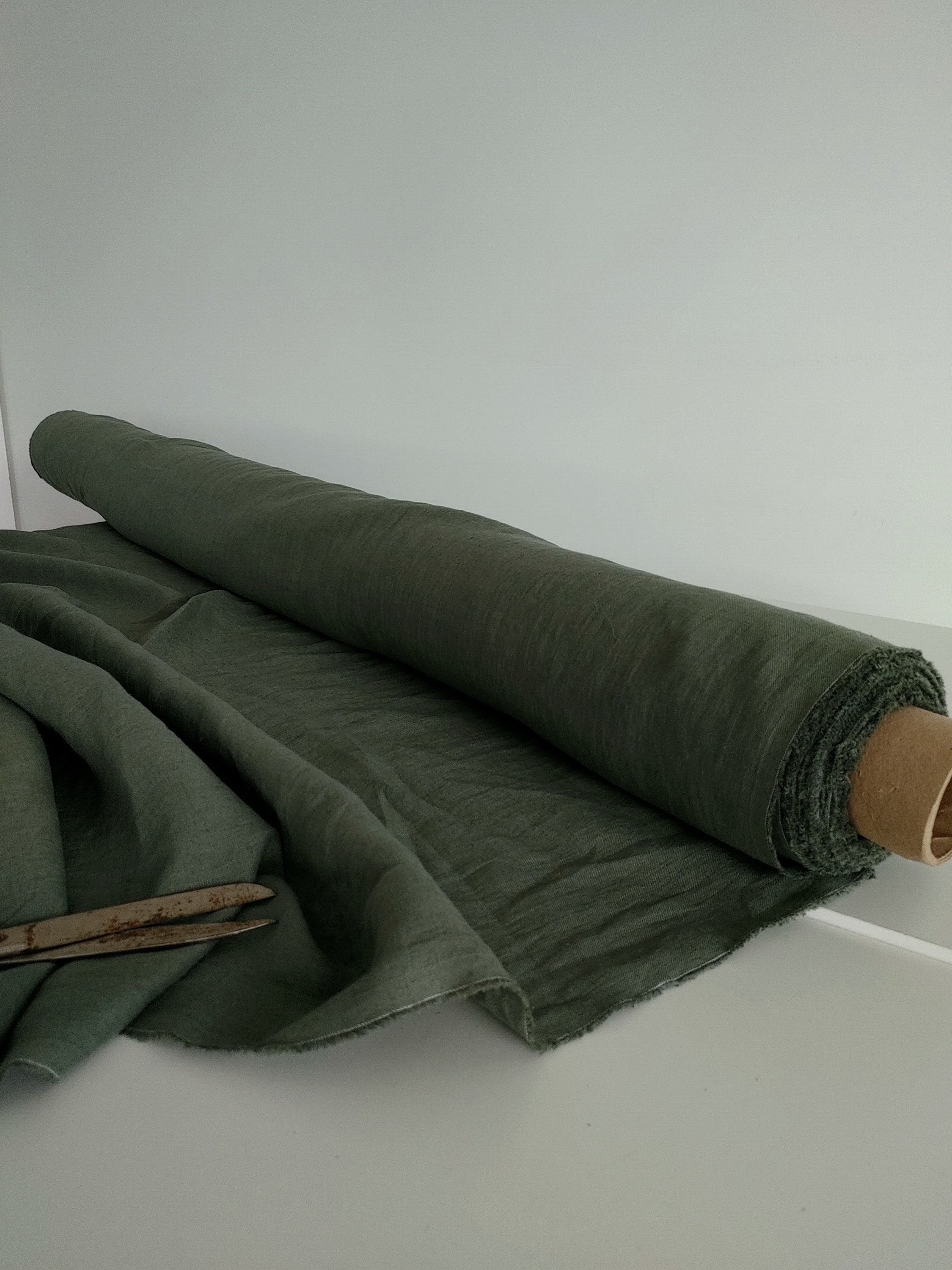 100 linen fabric, 200 GSM linen, Soft MOSS GREEN linen fabric, Lithuanian linen