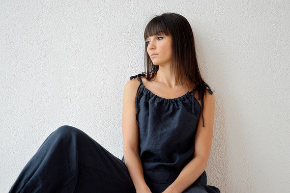 Linen tank top, Midnight blue linen top, Summer crop top, Lithuanian linen