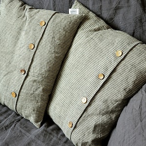 Striped linen pillow cover Striped pillowcase with coconut buttons Cushion cover Striped linen pillow cover image 1