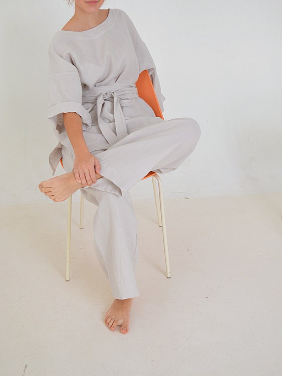 Linen tunic and pants set - Linen tunic / kimono with a long belt - Linen trousers and tunic - Comfortable casual set