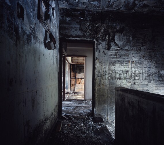 blue interior print fine art photograph Abandoned asylum derelict building art wall art print