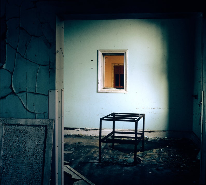 blue interior print fine art photograph Abandoned asylum derelict building art wall art print