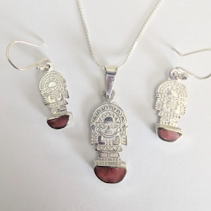 Tumi Spondylus Peruvian Pendant and Earrings set with Chain 950 Sterling Silver