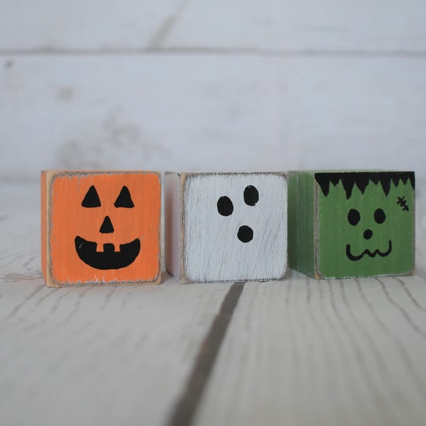 Set/3 Monster Halloween Wood Block Sitter,  Home Decor, Fall Wood Decor, Halloween Decor, Tiered Tray, READY TO SHIP