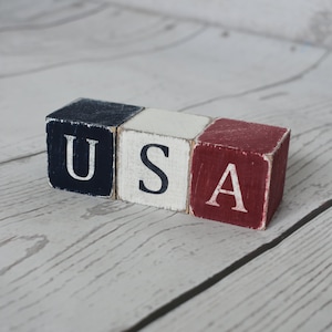 Set/3 Patriotic USA Wood Block Sitter, Tiered Tray, Home Decor, Summer Wood Decor, Fourth of July Decor, USA Decor, Ready to Ship