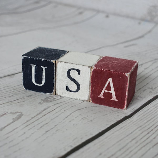 Set/3 Patriotic USA Wood Block Sitter, Tiered Tray, Home Decor, Summer Wood Decor, Fourth of July Decor, USA Decor, Ready to Ship