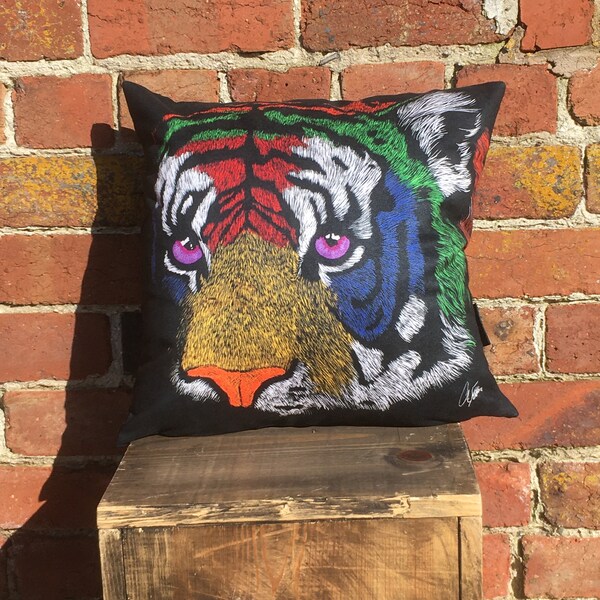 Multi coloured Tiger Cushion in vegan Suede