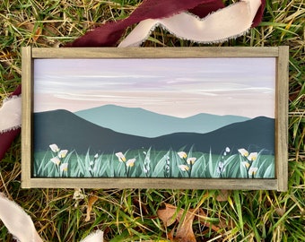 7 X 12 in | Blue Ridge Mountain Wall art | Painting | Original Art | Home Decor | wall art | living Room | blue |sunset | floral wood sign