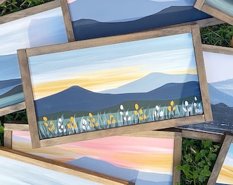 7 X 12 in | SUNSET - Blue and Yellow  Blue Ridge Mountain | Painting | Original Art | Home Decor | wall art | living Room | blue
