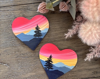 MAGNET Pine tree  Blue Ridge Mountain- sunset background- Heart  Ornament | Valentine’s Day  | Blue Ridge Mountain | mini painting