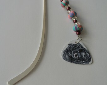 Silver Bookmark with Pink an Blue Beads and a Black and White Pug Guitar Pick