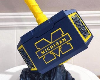 13” University of Michigan Thor Hammer & Rock Stand Wolverines Mjolnir Display | Michigan Fan Gift | College Sports Decor NCAA