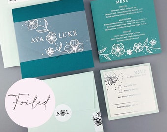 SAMPLE ONLY *Ava Wrap Foiled Wedding Invitation with printed vellum belly band
