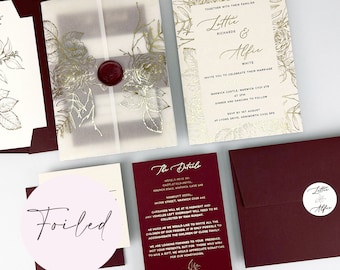 SAMPLE ONLY * Lottie Foiled Wedding Invitation with printed vellum and belly band