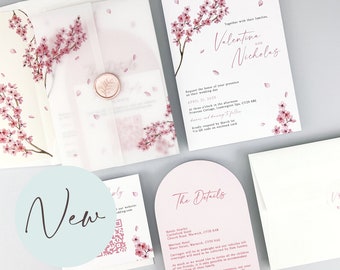 SAMPLE ONLY * Valentina Wedding Invitation cherry blossom with floral printed vellum and belly band