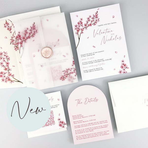 SAMPLE ONLY * Valentina Wedding Invitation cherry blossom with floral printed vellum and belly band