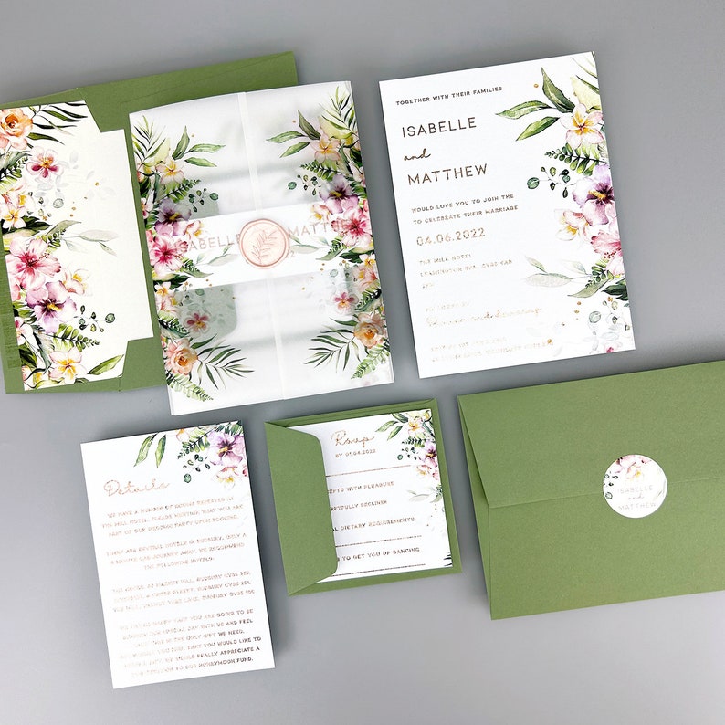 SAMPLE ONLY Isabelle Foiled Wedding Invitation with floral printed vellum and belly band image 1