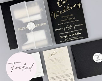 SAMPLE ONLY *Skyler Foiled Wedding day or evening invitation with vellum and belly band