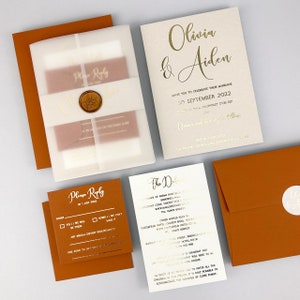 NUR MUSTER-Hochzeits-Einladung (Olivia Foiled Hochzeitseinladung) mit Pergamentpapier und Bauchband