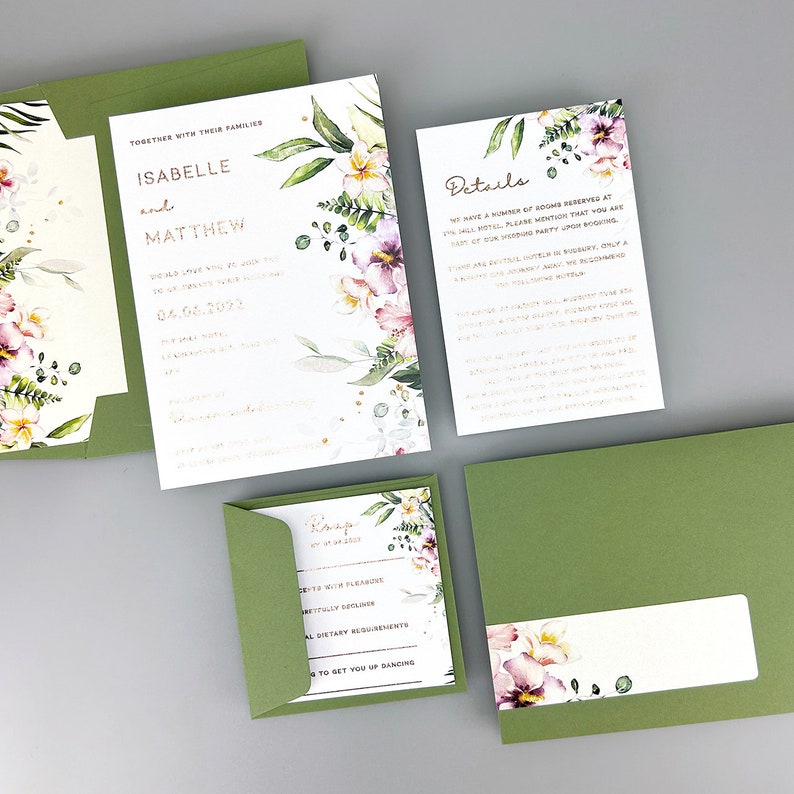 SAMPLE ONLY Isabelle Foiled Wedding Invitation with floral printed vellum and belly band image 3