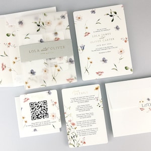 ÉCHANTILLON SEULEMENT* Faire-part de mariage et de soirée Lola Colis avec vélin imprimé et bande de ventre